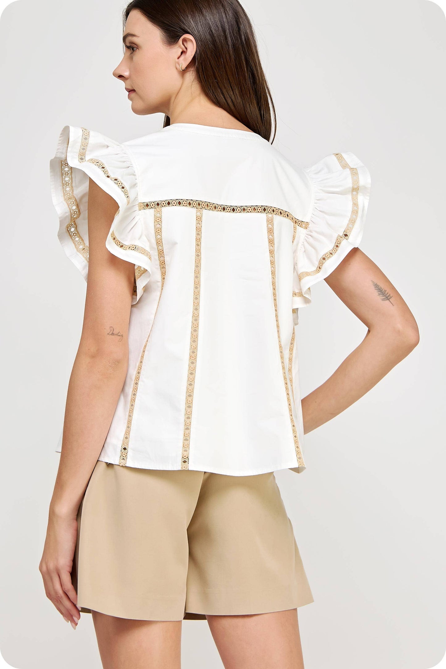 Lace Trim Flutter Ruffle Sleeve Poplin Top