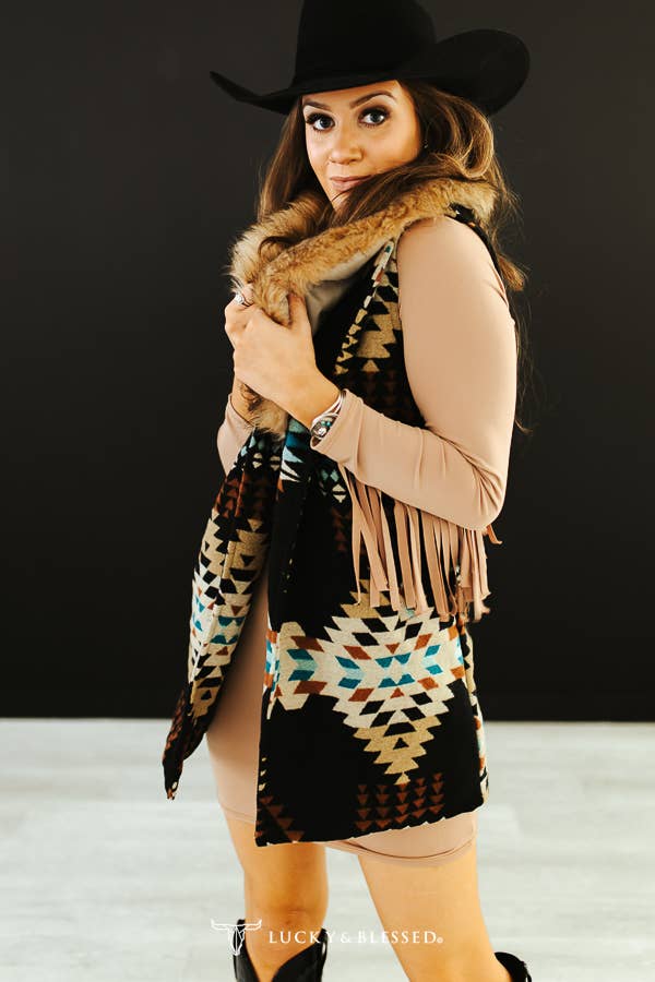 Black Aztec Fur Collar Vest