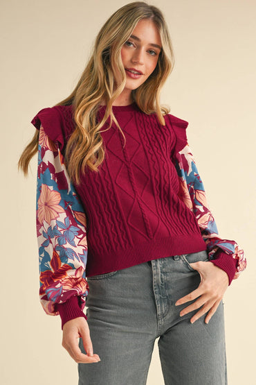 Floral Plum Mixed Media Sweater