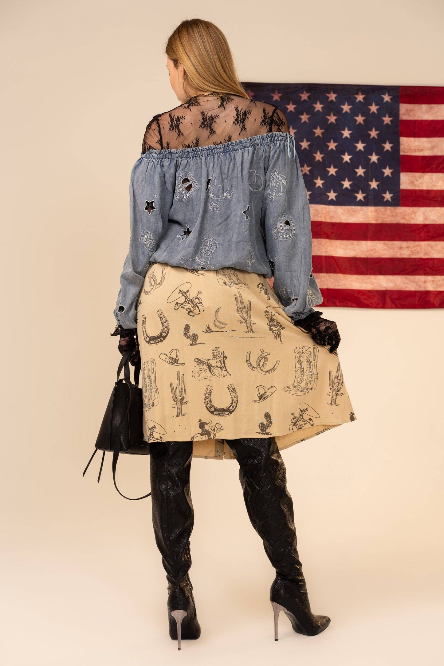 Blue B Western Print Linen Button Up Skirt