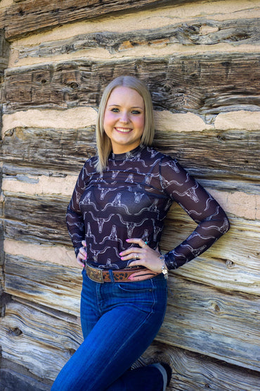 Cowskull Pattern Long Sleeve Western Mesh Top