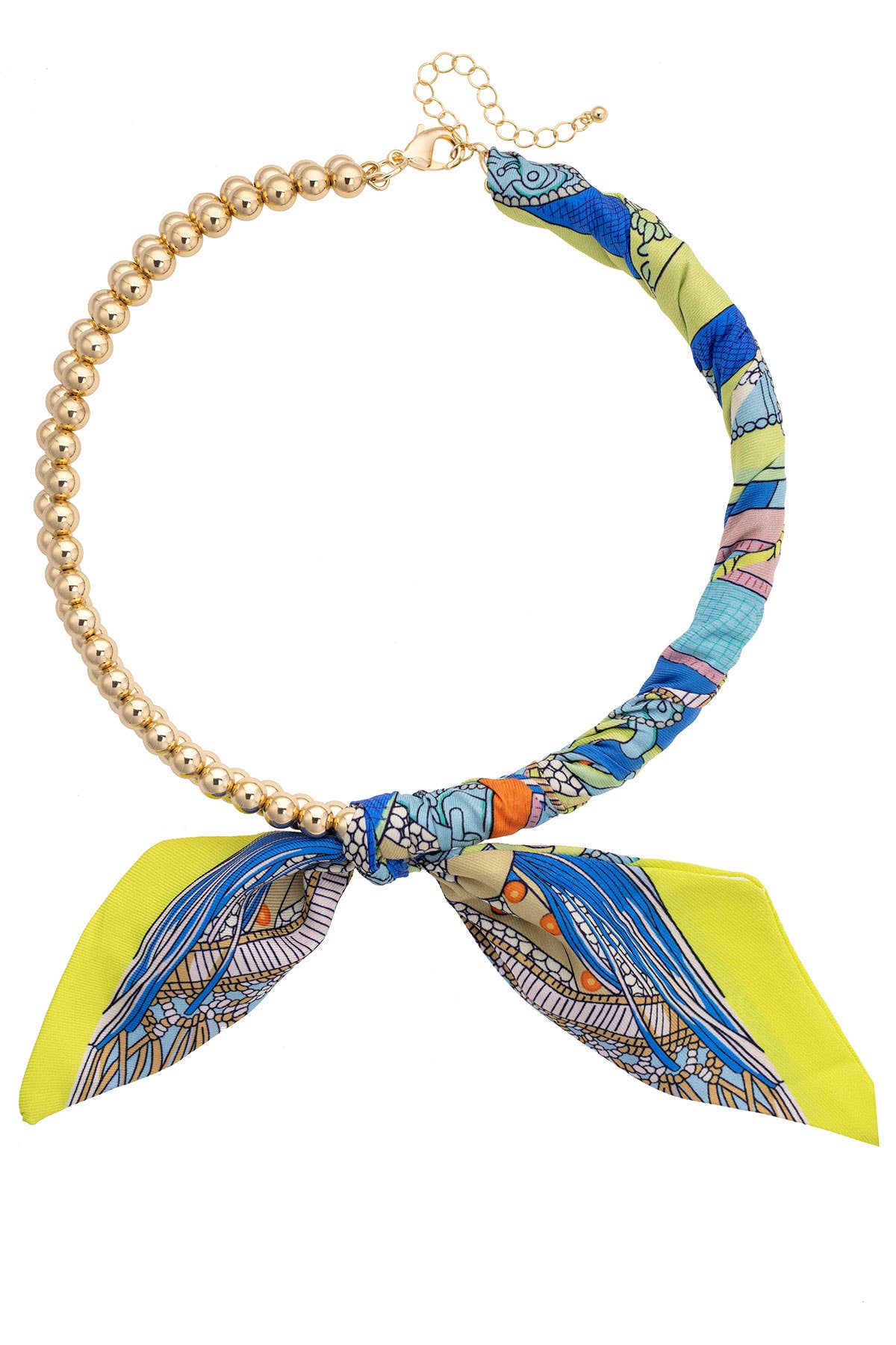 Canvas Style Nova Ball Bead Scarf Necklace in Lime Green, Blue & White