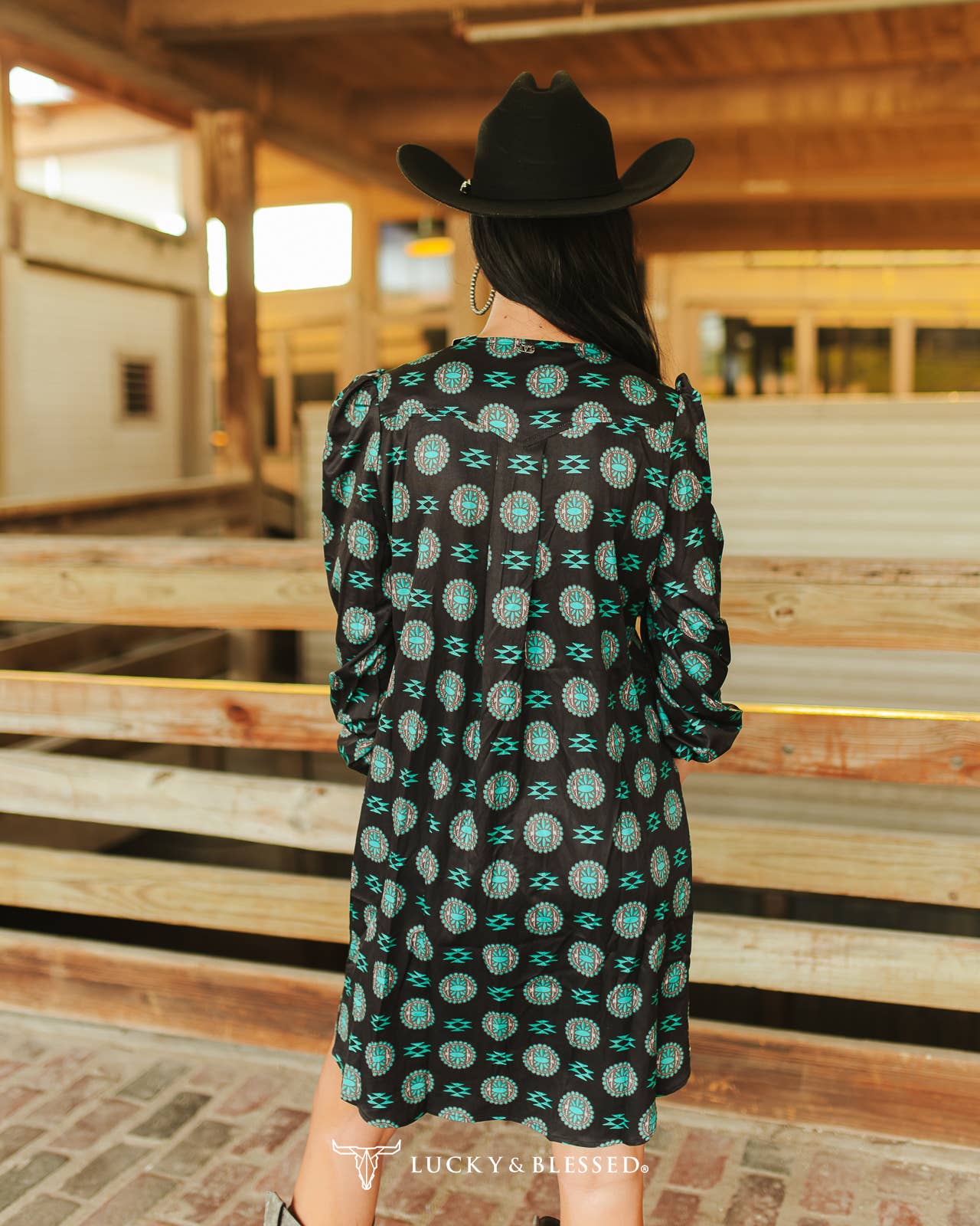 Black Turquoise Stone Printed Pleated Chest Dress