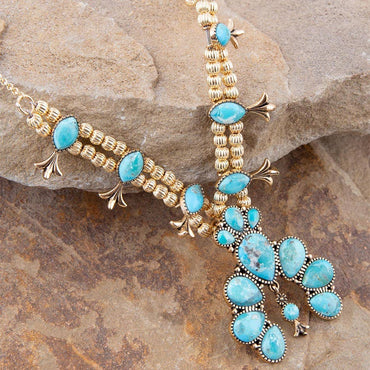 Barse Floral Statement Blue Turquoise Golden Necklace
