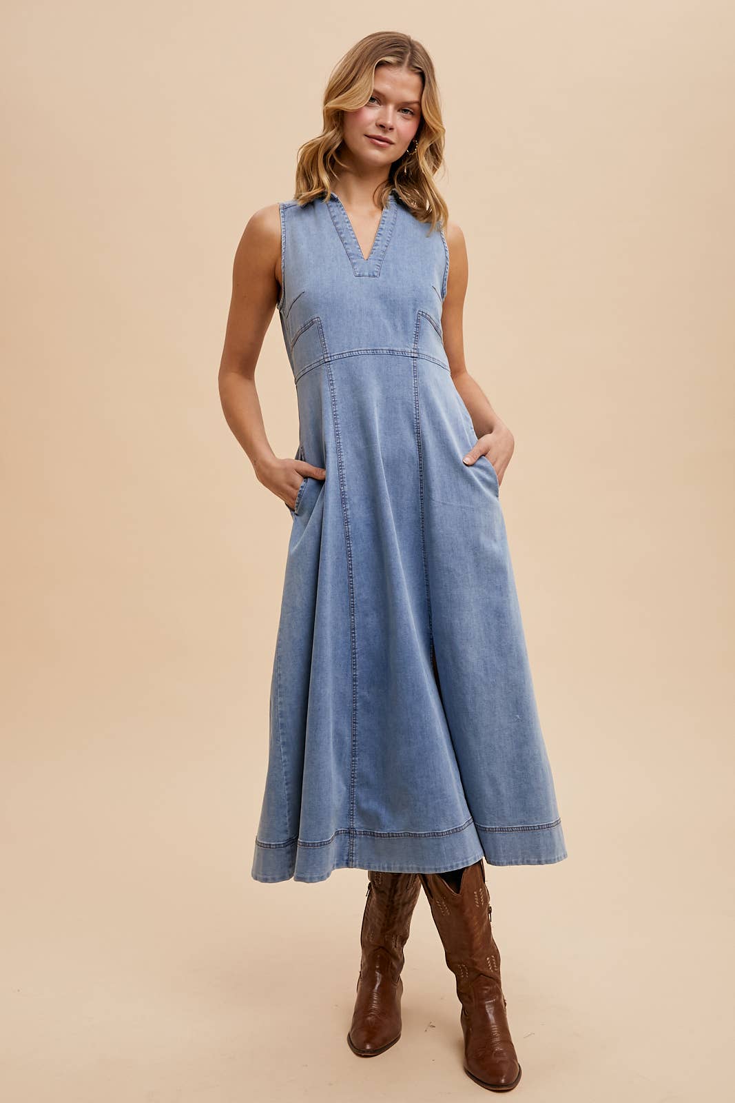 Collared Denim Flare Midi Dress