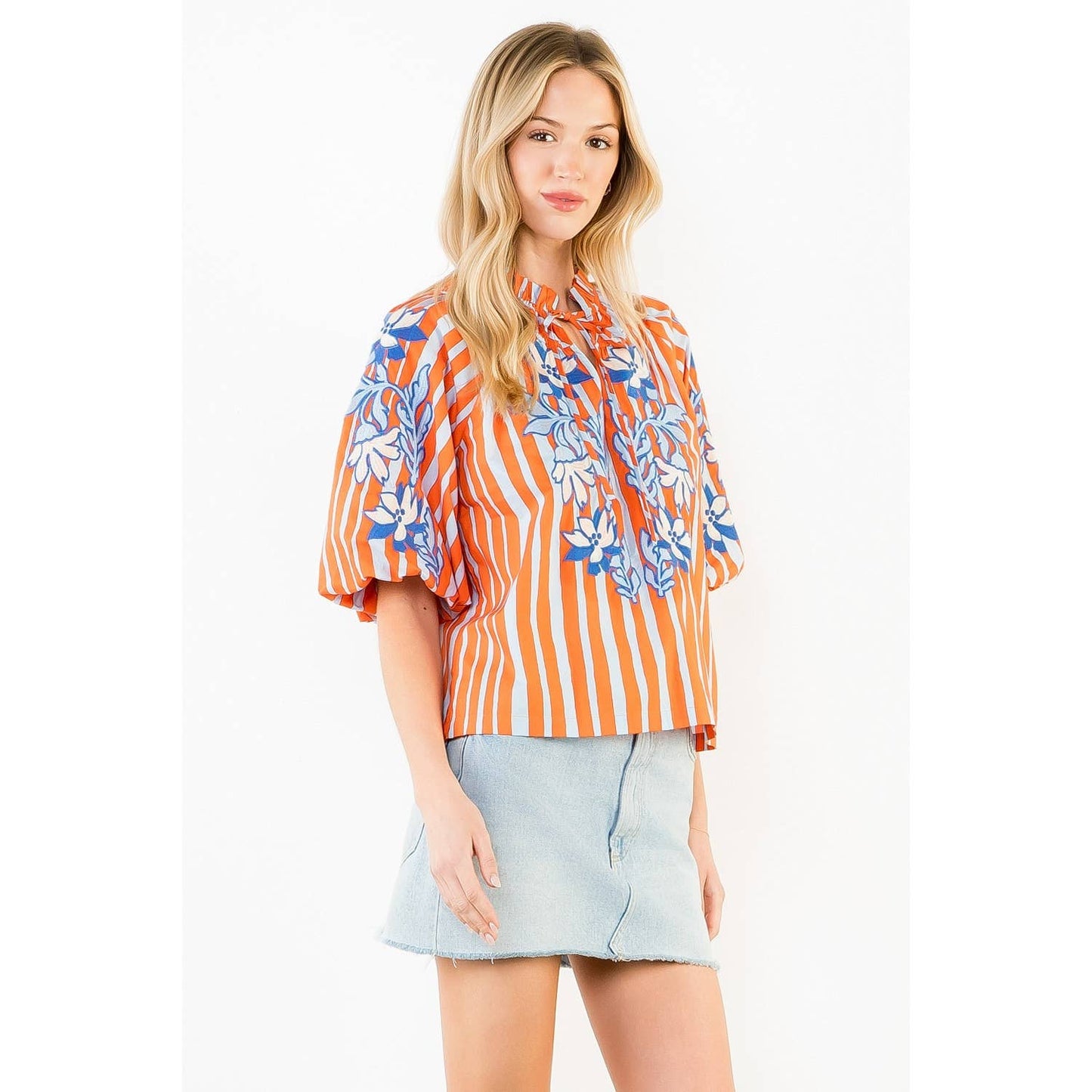 Puff Sleeve Embroidery Detail Striped Top