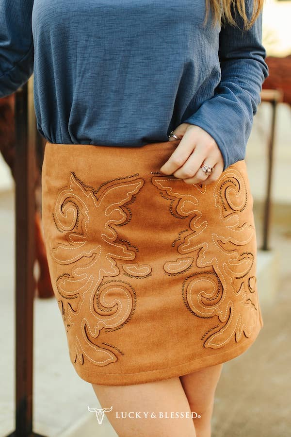 Camel Boot Stitch Embroidered Suede Studded Skirt