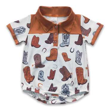 Short Sleeves Boots Brown Baby Boy Western Romper