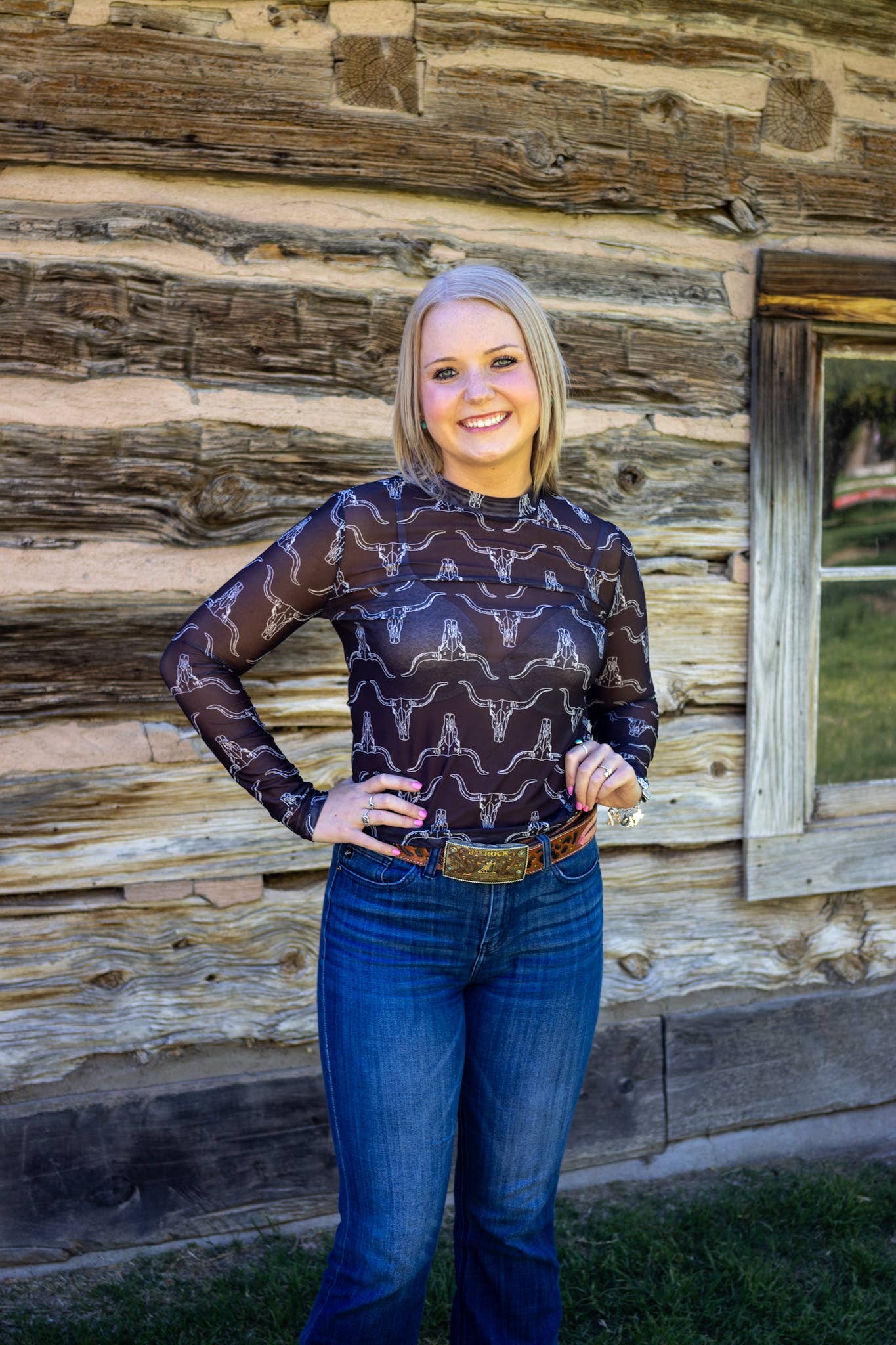 Cowskull Pattern Long Sleeve Western Mesh Top