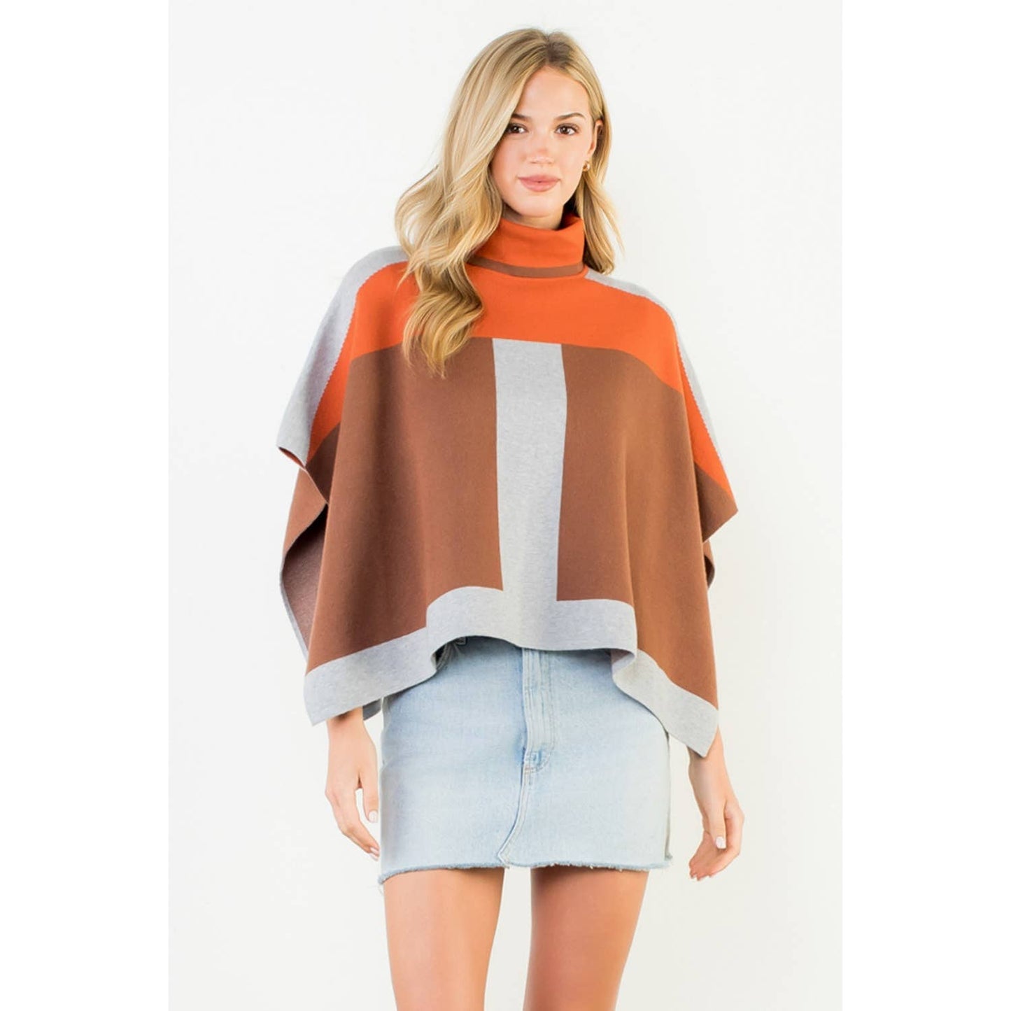 Colorblock Turtleneck Knit Poncho