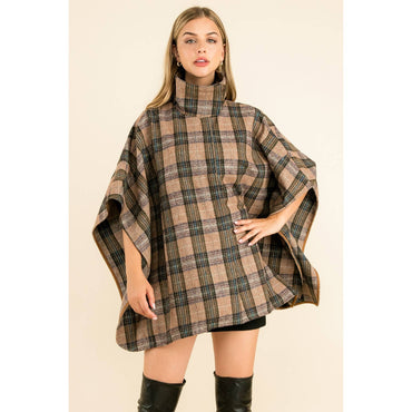 High Neck Plaid Poncho