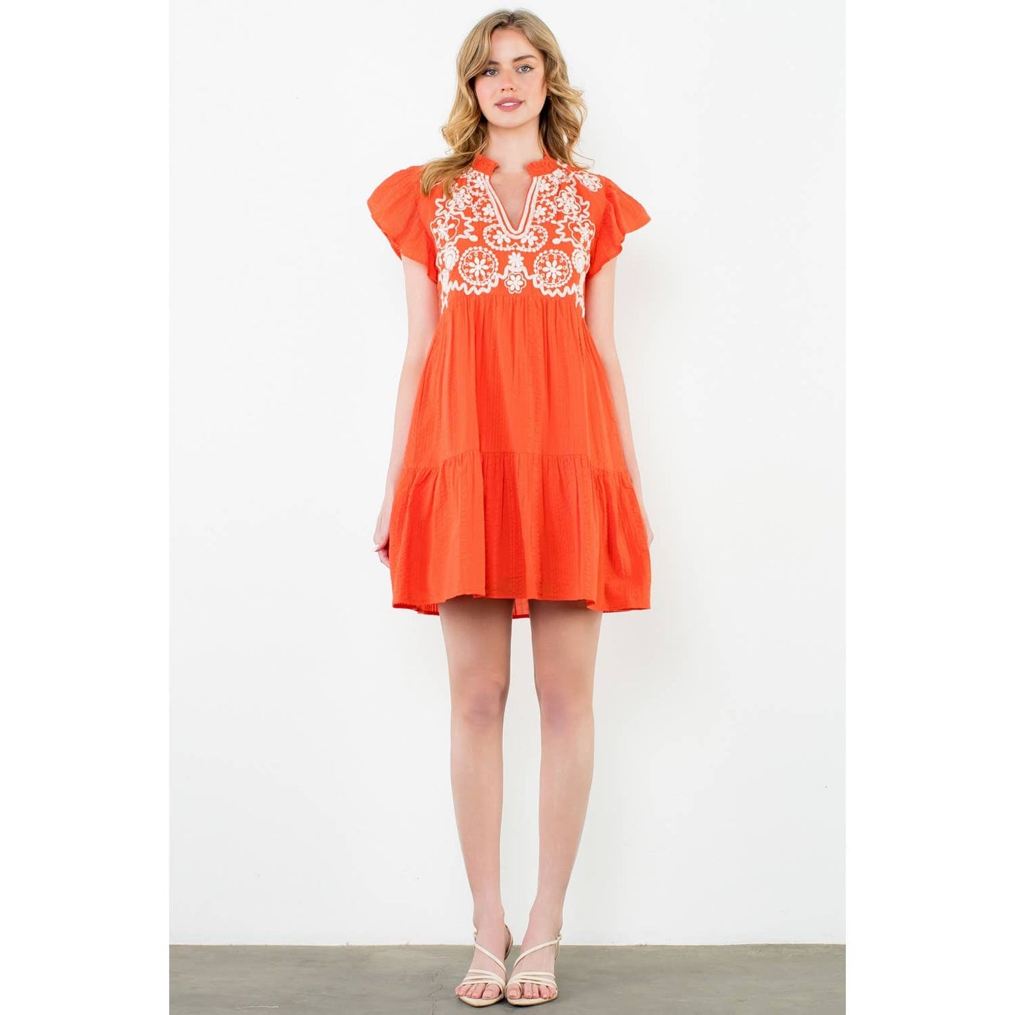 Embroidered Flutter Sleeve Mini Dress