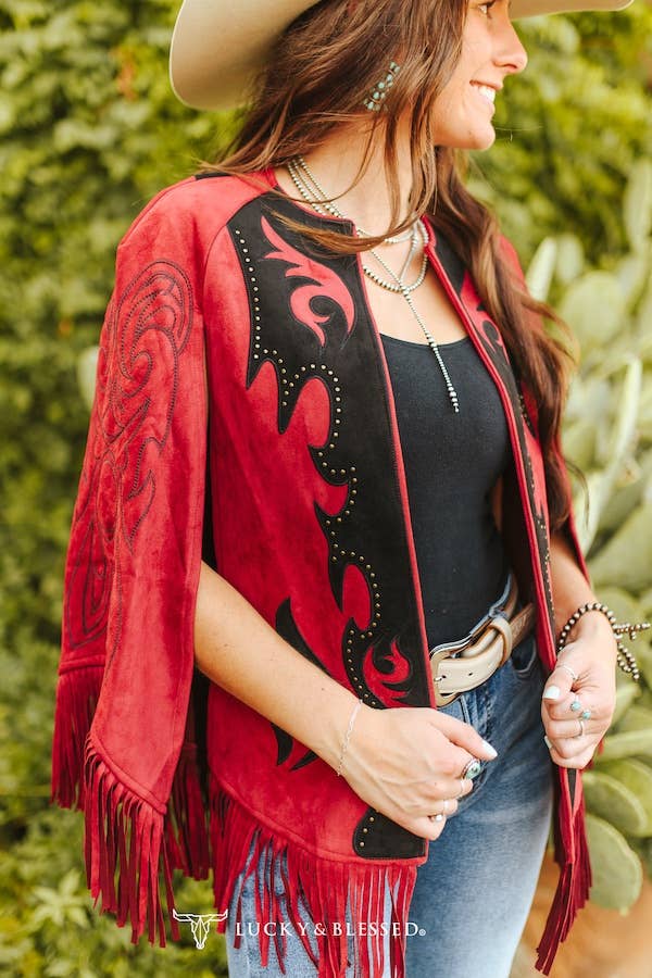 Wine Studded Black Patch Embroidered Fringe Cape