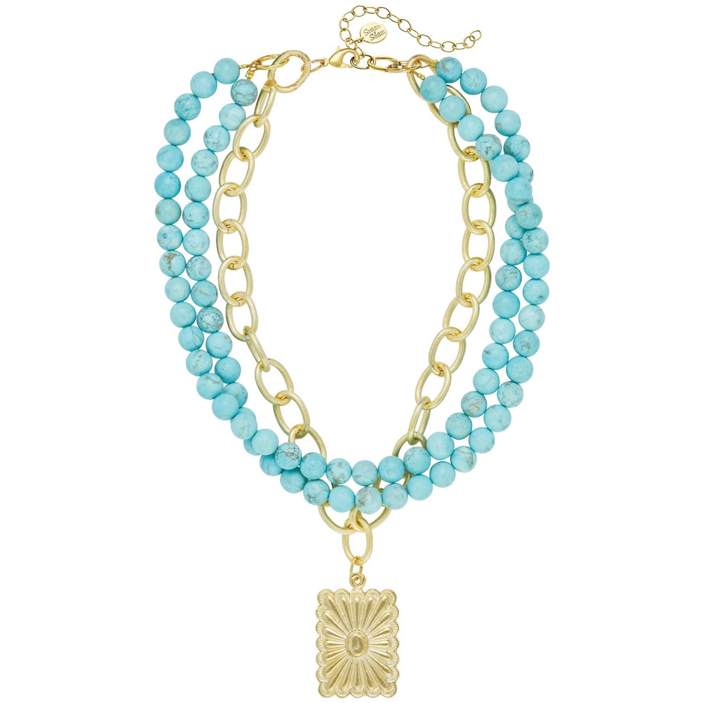 Susan Shaw Gold Rectangle Concho + 3 Row Matte Turquoise Necklace