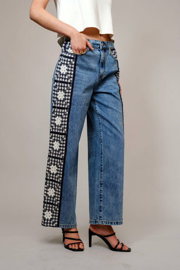 Garment Washed Side Crochet Denim Jeans
