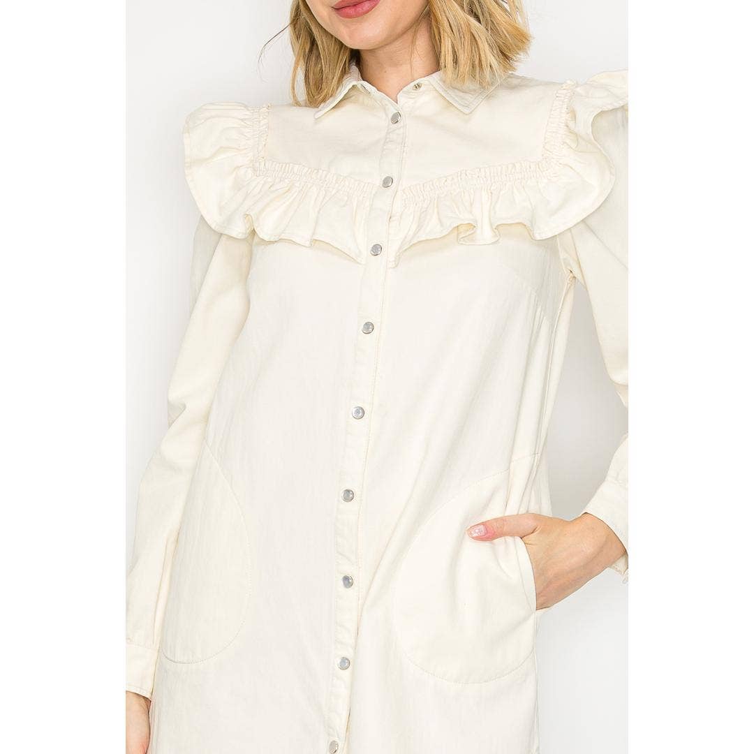 Ruffle Yoke Button-Up Dress