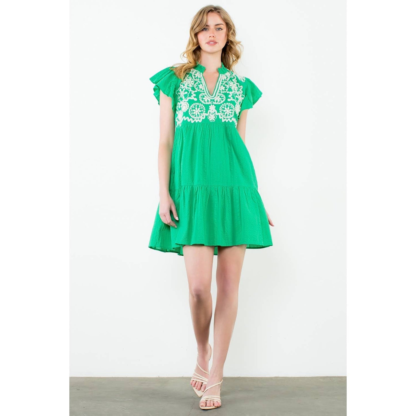 Embroidered Flutter Sleeve Mini Dress
