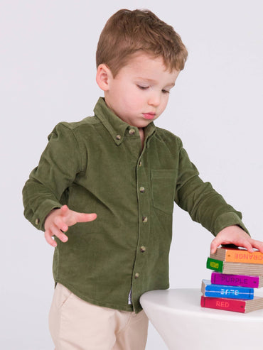 Boys Olive Corduroy Button Down Shirt