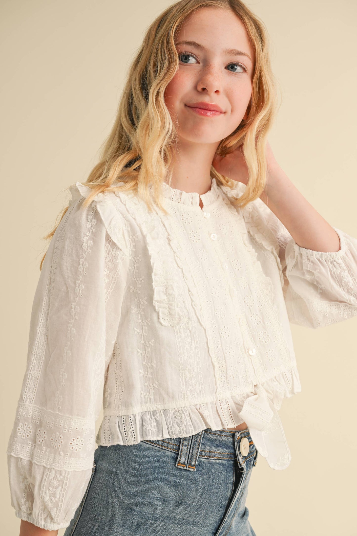 Tween Girls Cropped Button Down Blouse