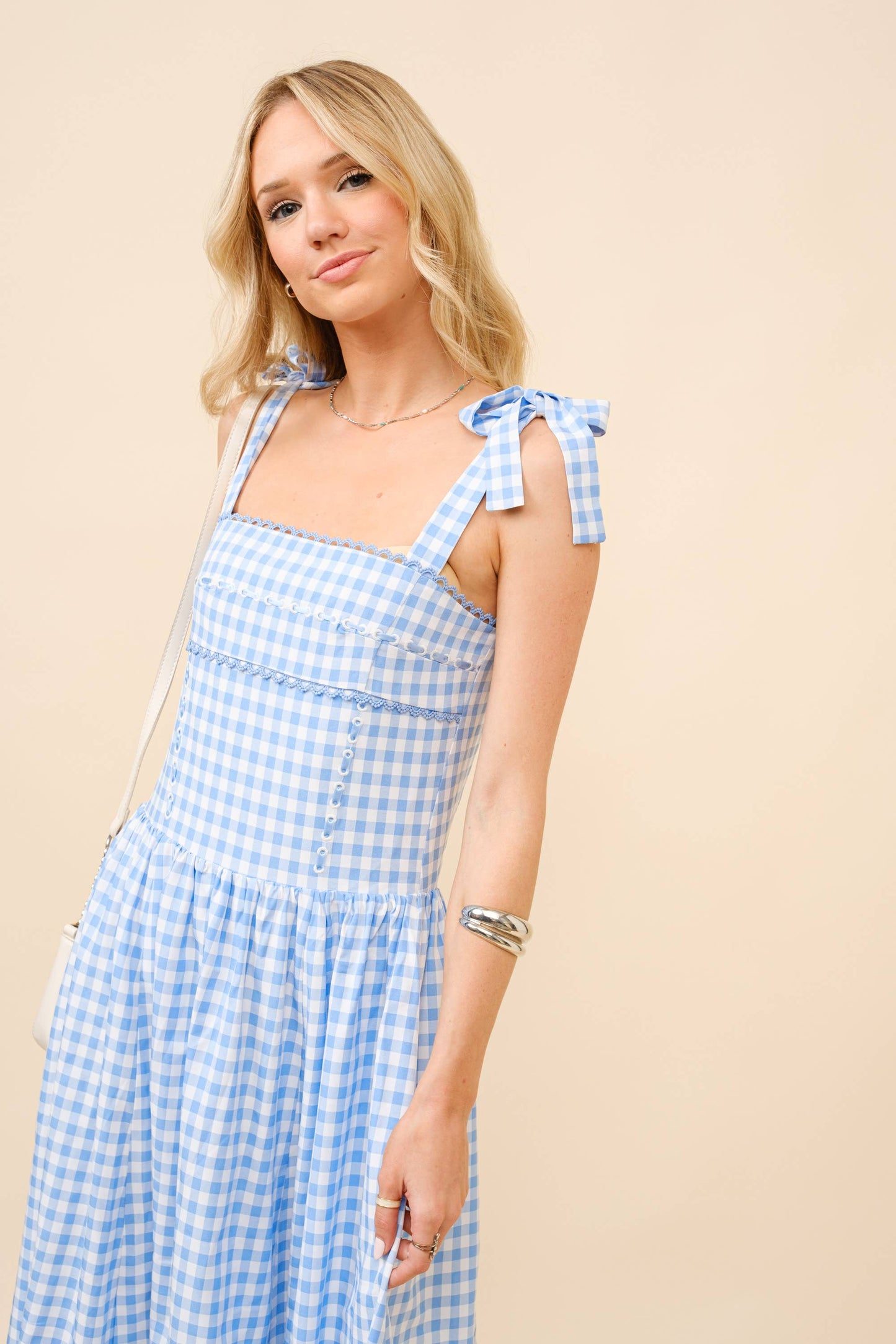 Gingham Tie Shoulder Midi Dress