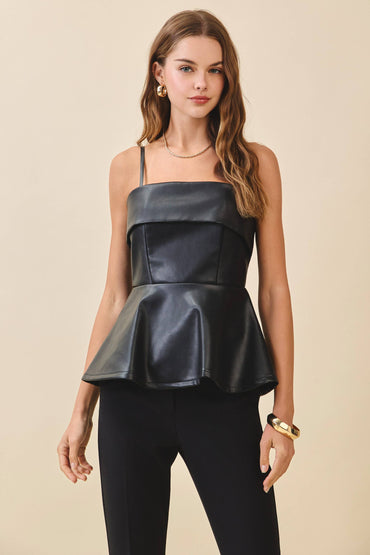 Faux Leather Foldover Detail Peplum Top