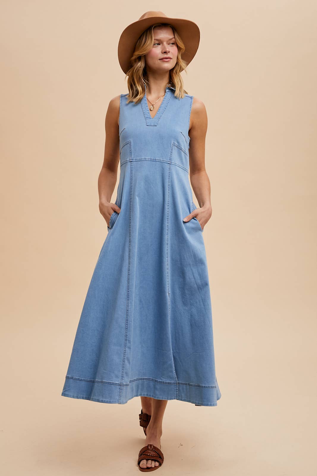 Collared Denim Flare Midi Dress