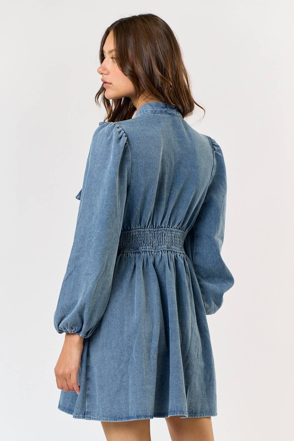 Bow Neck Tie Smocked Back Denim Babydoll Dress