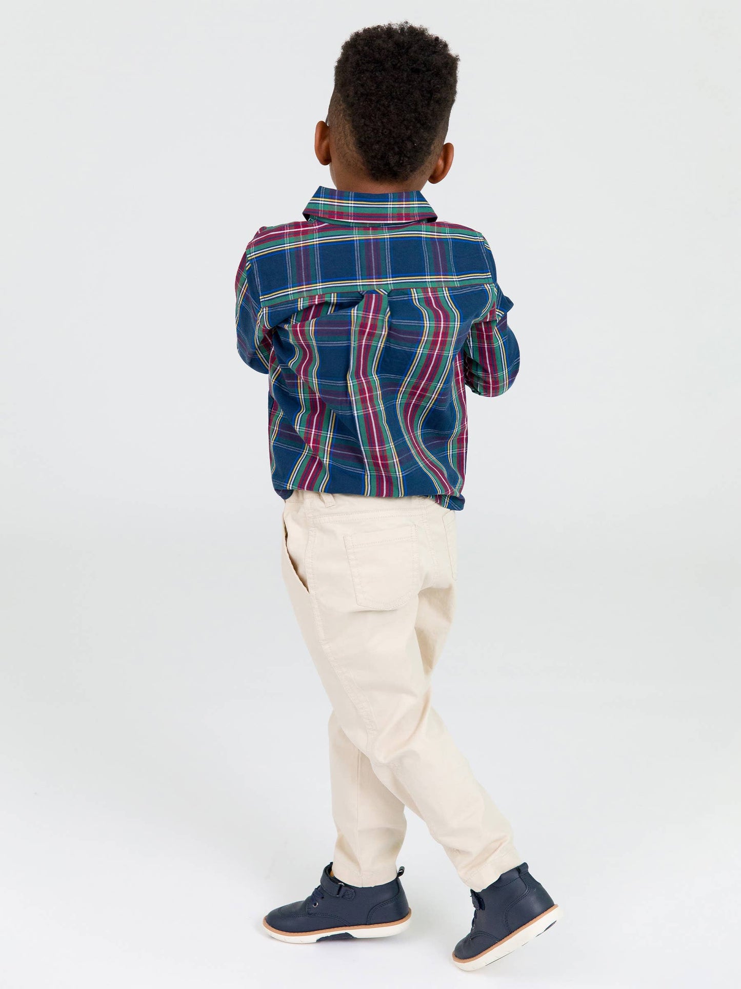 Boys Navy Plaid Button Down Shirt