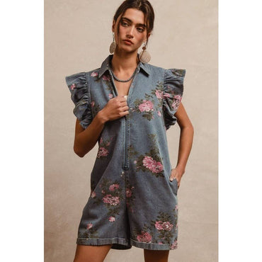 FLORAL PRINT DENIM FLUTTER SLEEVES ROMPER