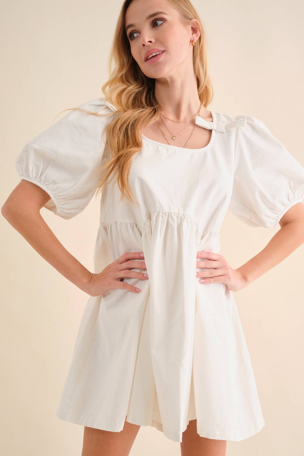 Puff Pleated Bow Tie Babydoll Dress