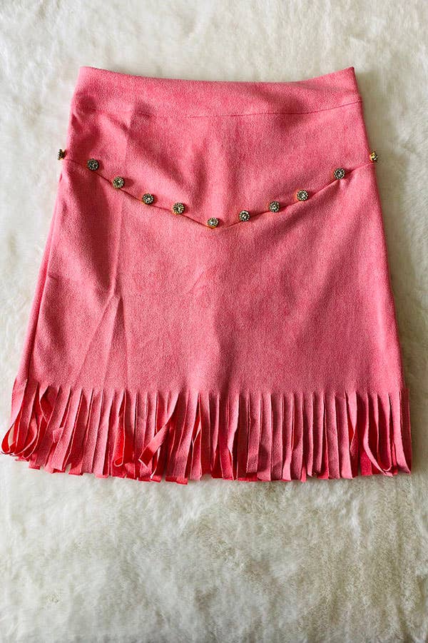 Girl's Pink Faux Suede Fringe Skirt