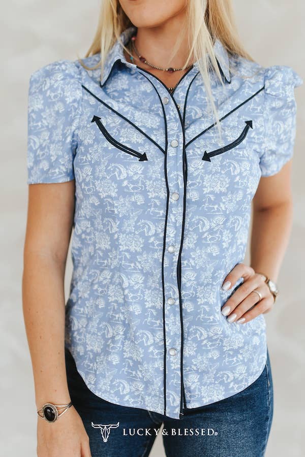 Blue Western Puff Sleeve Pearl Snap Shirt