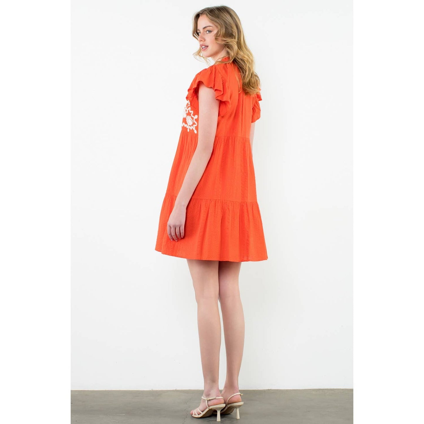 Embroidered Flutter Sleeve Mini Dress