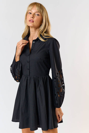 Embroidered Floral Button Up Flared Mini Dress