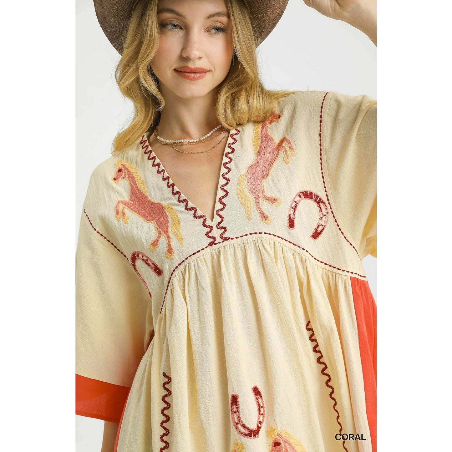 Western Horse Embroidered V Neck Babydoll Dress