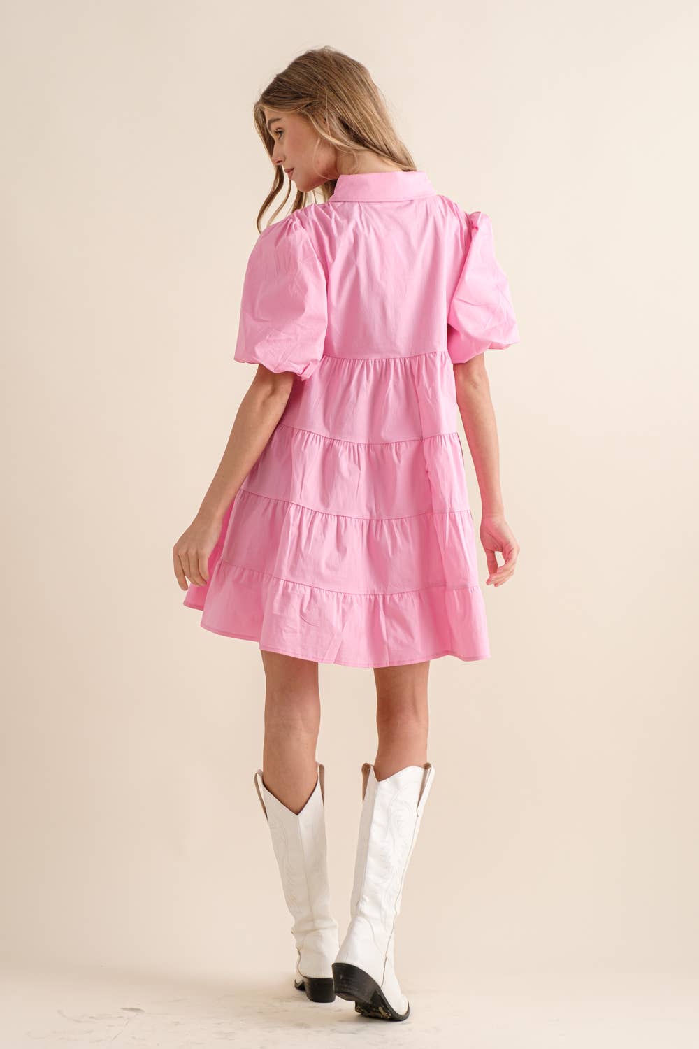 Button Up Tiered Puff Sleeve Shirt Dress