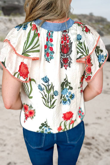 Floral Printed Ruffle Short Sleeve Blouse