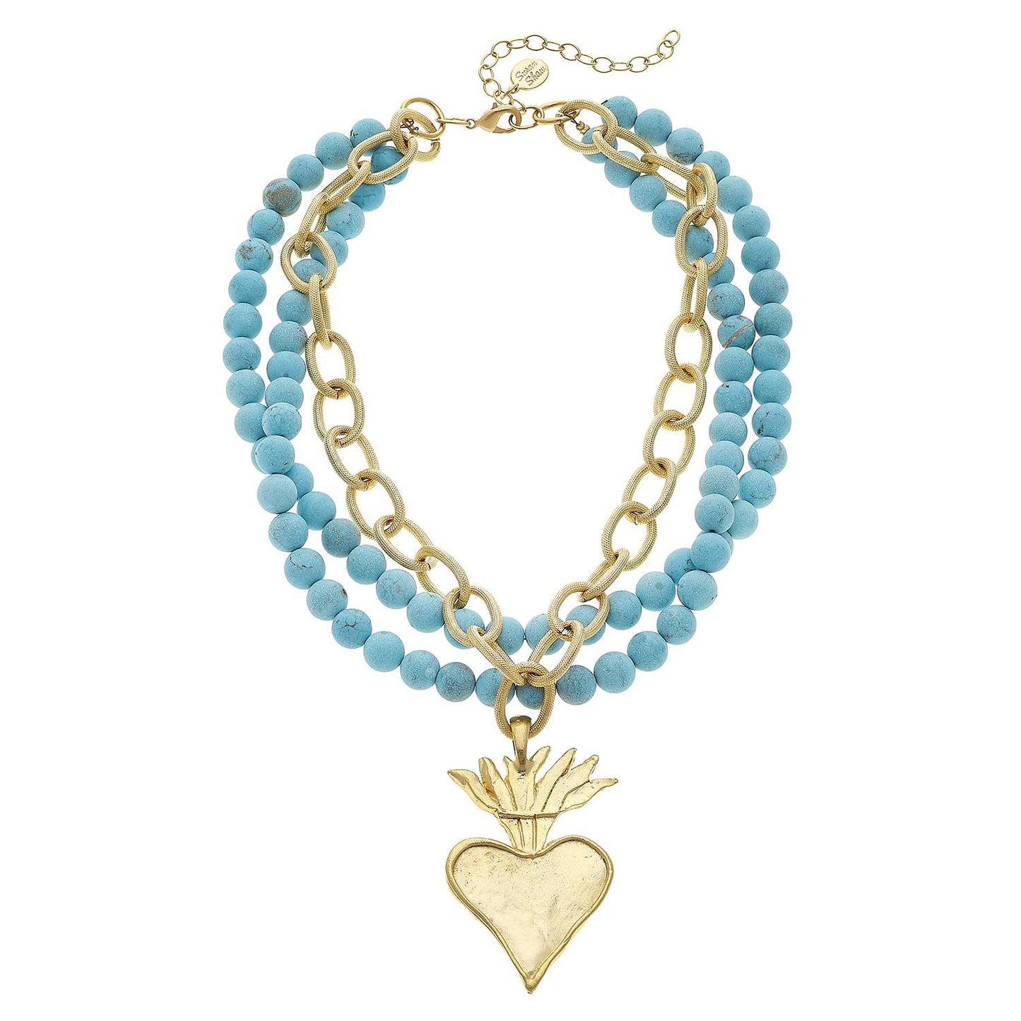 Susan Shaw Gold Flaming Heart on 3 Row Genuine Matte Turquoise Necklace