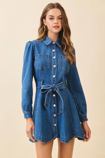 Snap Button Down Front Flare Hem Denim Shirt Dress