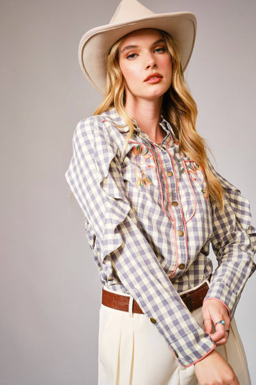 Gingham Embroidered Western Snap Blouse