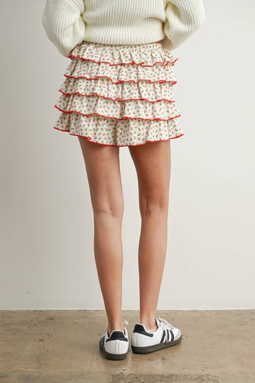 Cherry Print Layered Ruffled Mini Skort