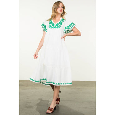 Flutter Sleeve Embroidered Dress
