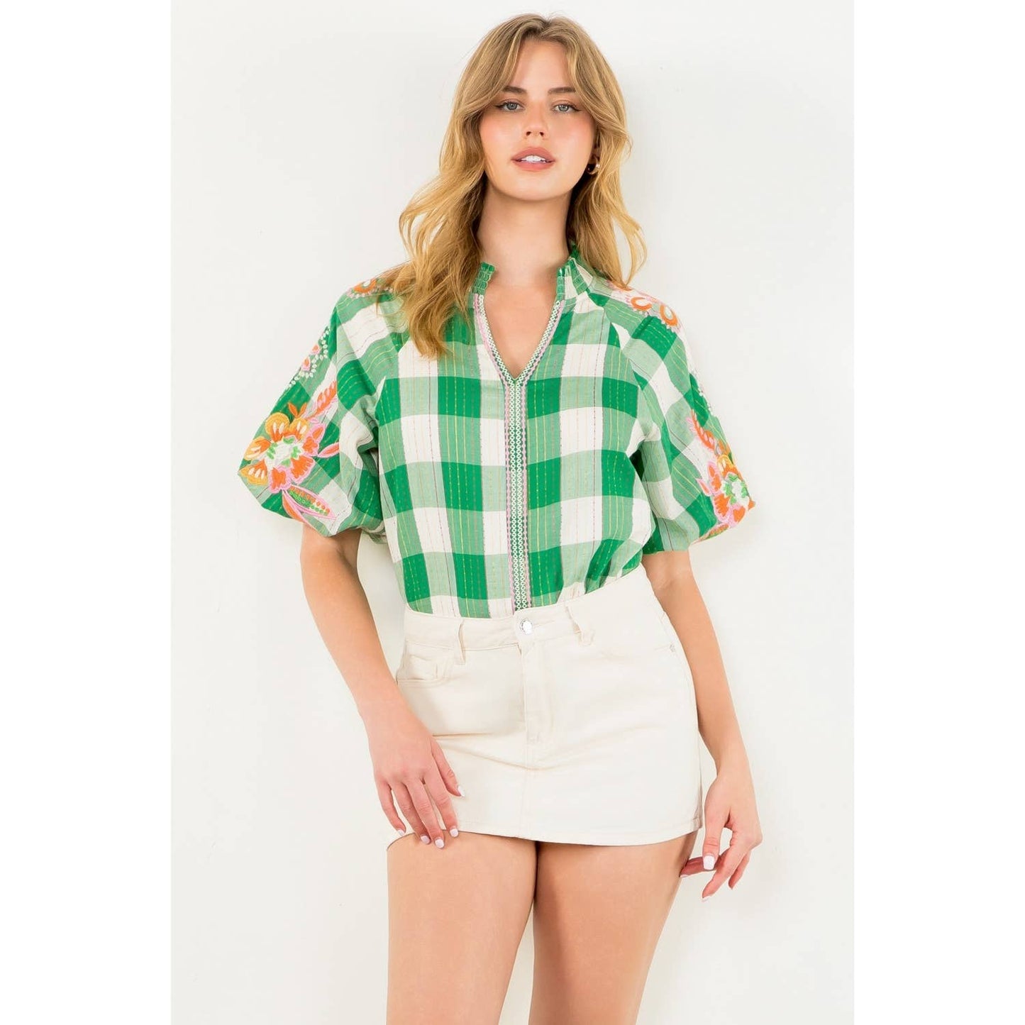 Embroidered Puff Sleeve Plaid Top
