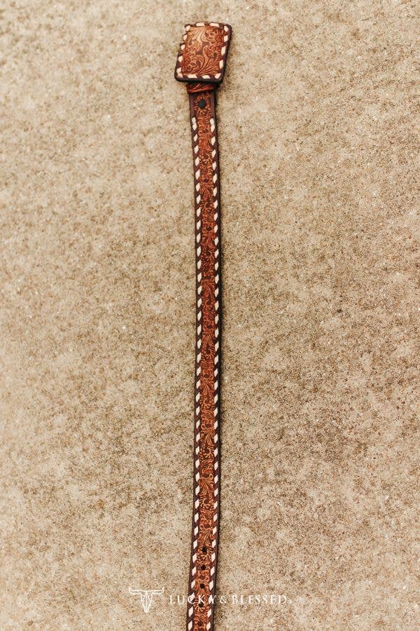Lucky & Blessed Brown Tooled Floral Leather Belt