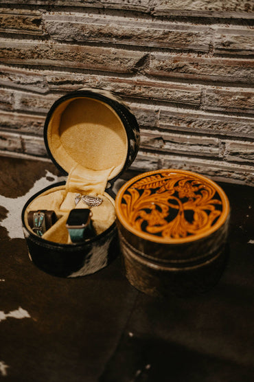 Round Tooled Cowhide Jewelry Box