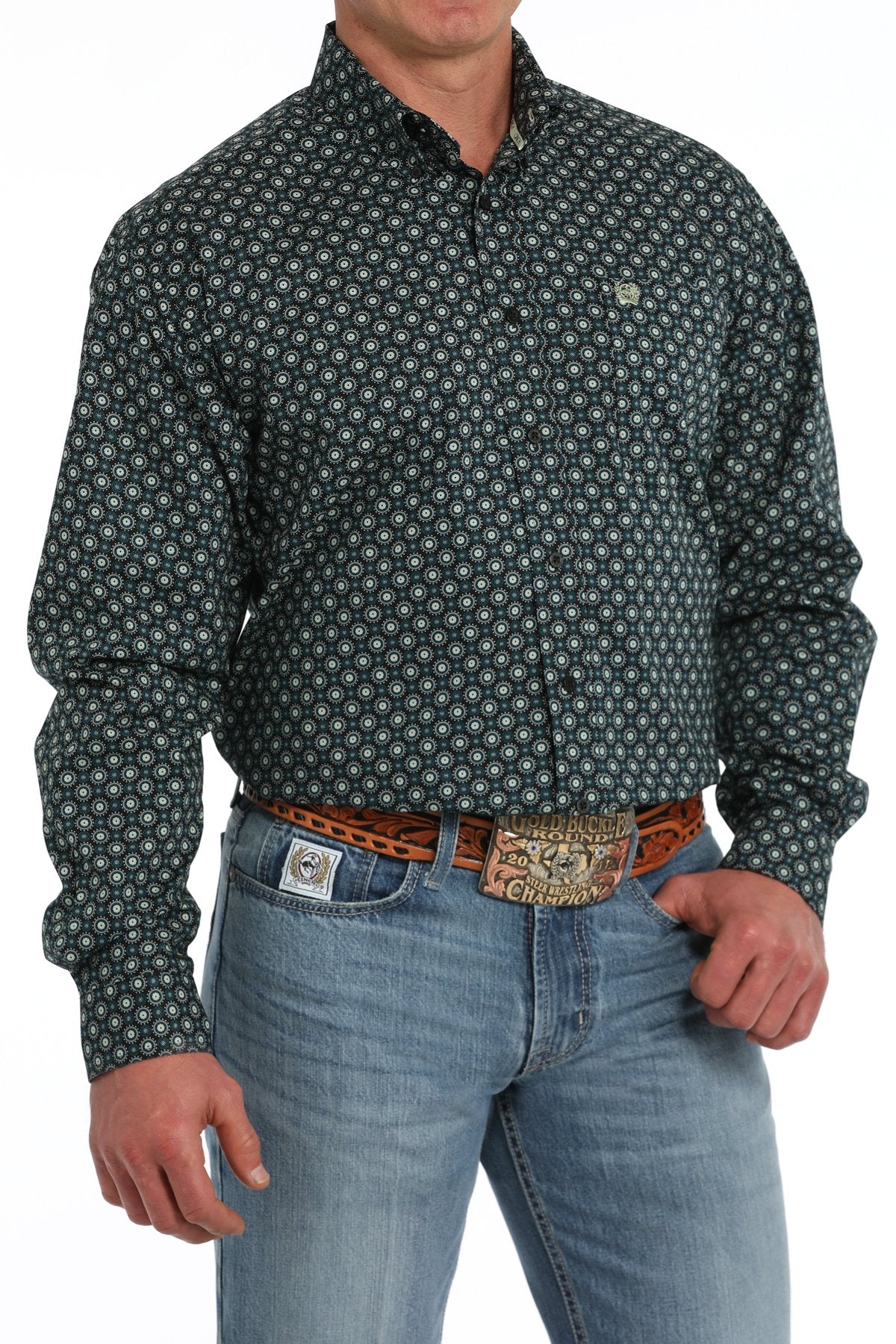 Cinch Medallion Print Black and Green Button-Down Western