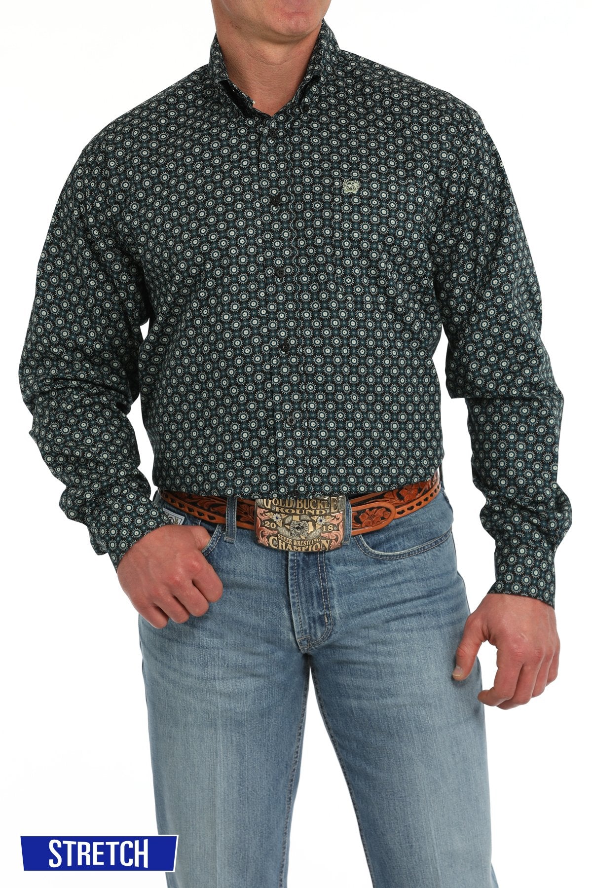 Cinch Medallion Print Black and Green Button-Down Western