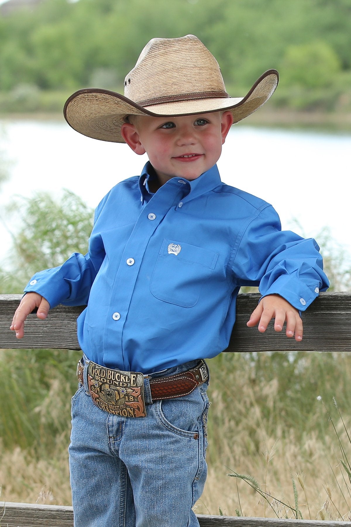 Boys Solid Button-Down Western Shirt - Blue