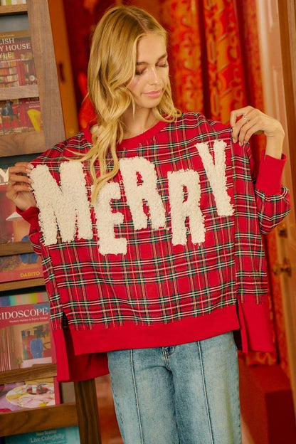 Merry Letter Patches Christmas Plaid Sweatshirt