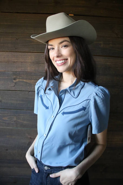 Denim Blue & Navy Pearl Snap Western Blouse